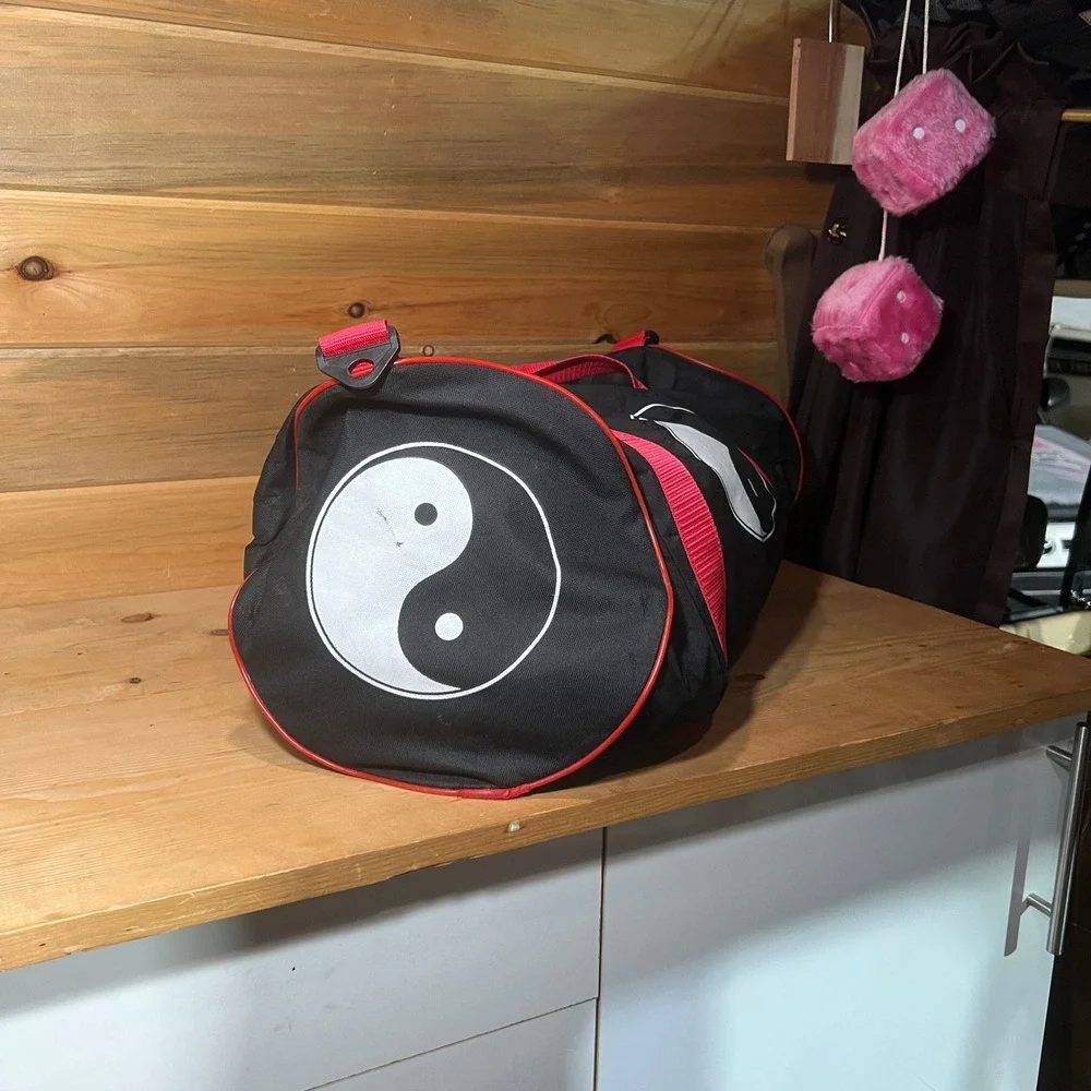 VTG 90s Yin Yang‎ Duffel Bag Black Red Grunge Gym Carry-On Graphic Canvas Travel